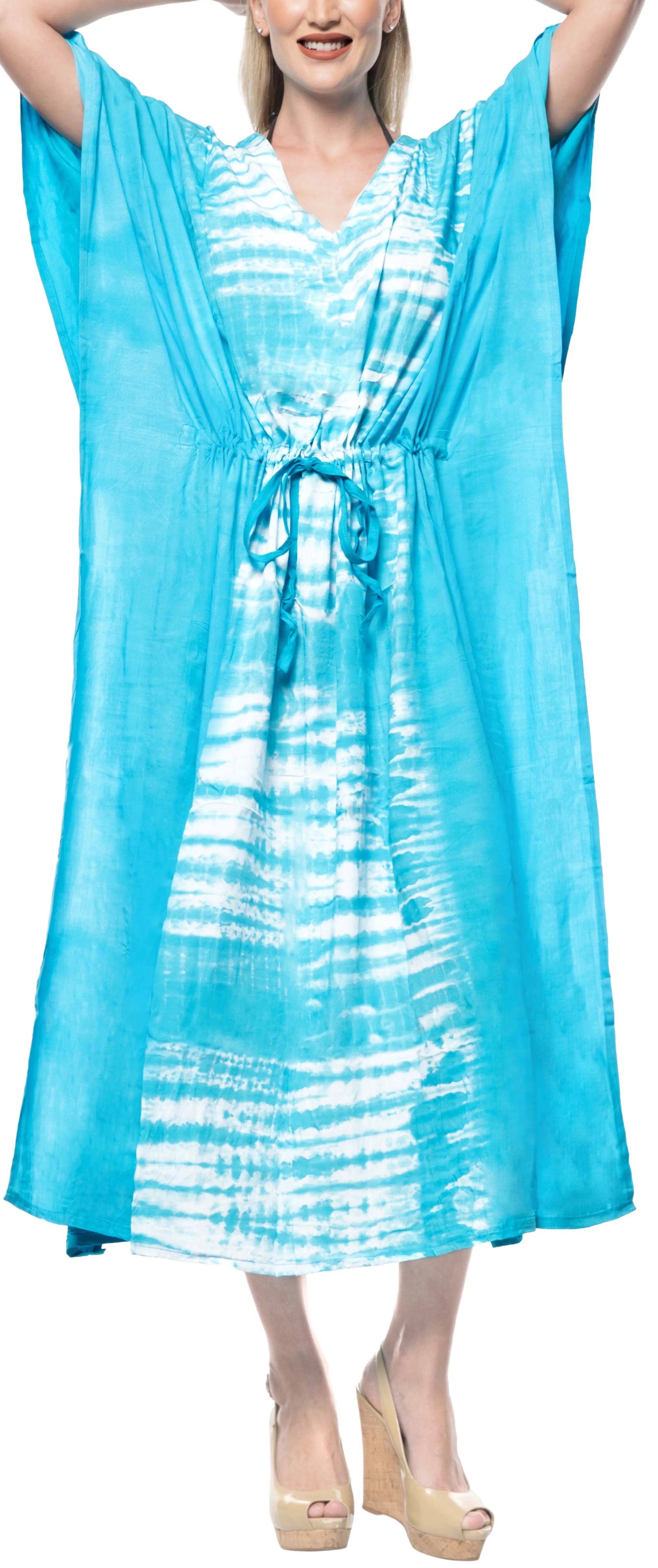 LA LEELA Lounge Rayon Tie_Dye Long Caftan Dress Women Blue_1385 OSFM 14-32W [L-5X]