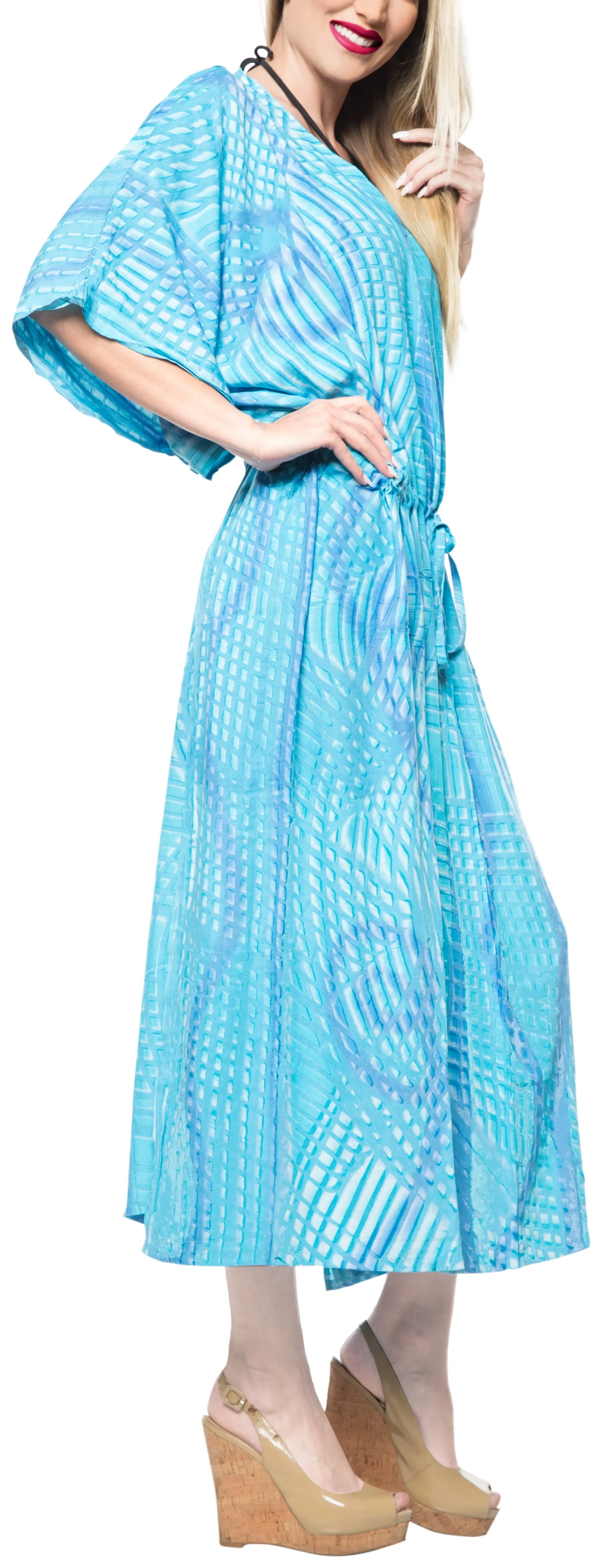 LA LEELA Lounge Rayon Tie_Dye Long Caftan Dress Women Turquoise_1374 OSFM 14-32W [L-5X]
