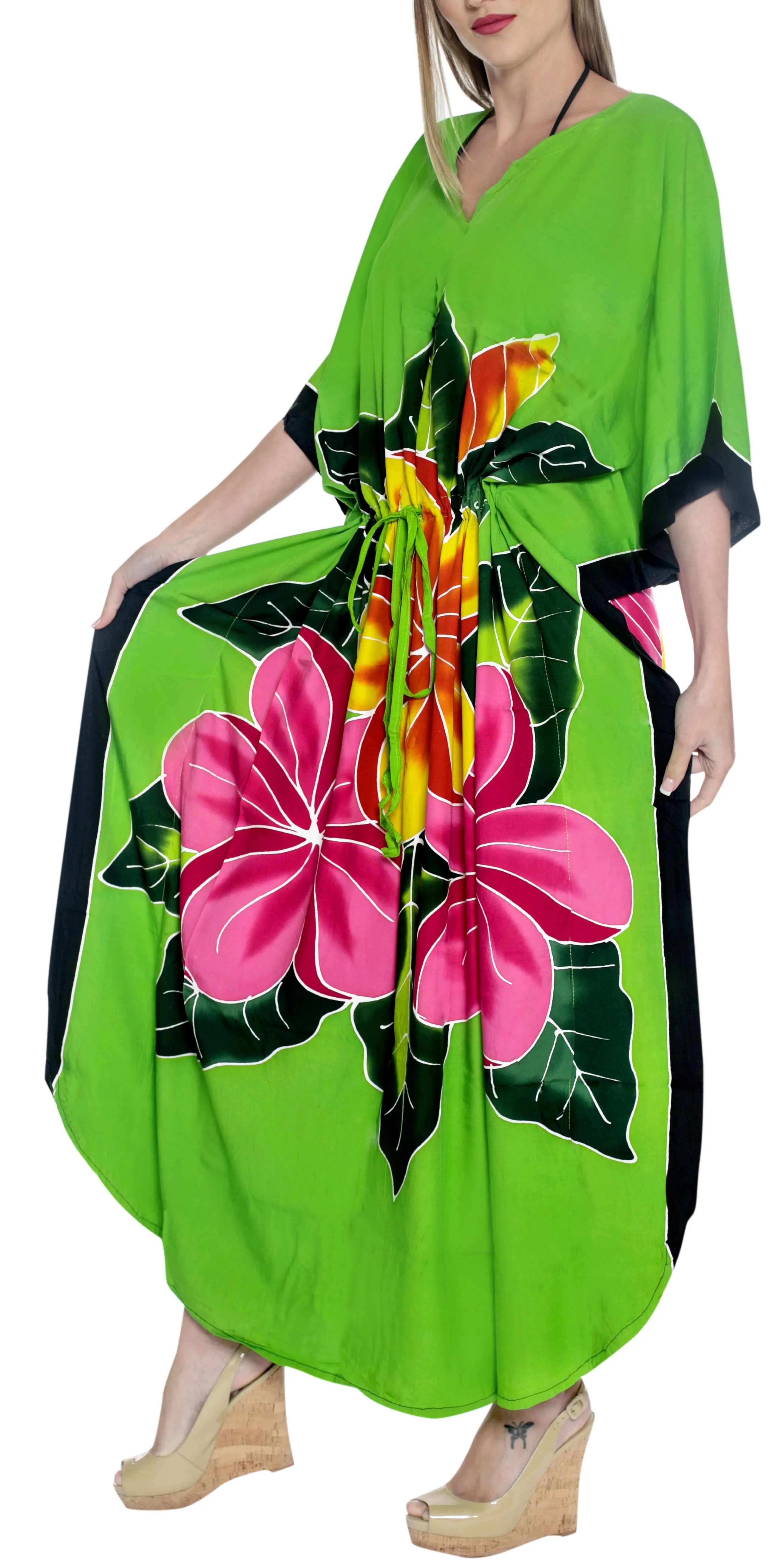 LA LEELA Rayon Printed Caftan Beach Dress Top Parrot Green_1413 OSFM 12-20W[L-2X]