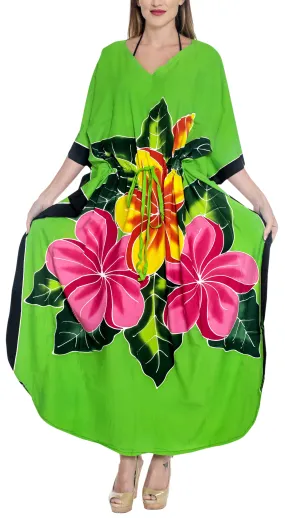 LA LEELA Rayon Printed Caftan Beach Dress Top Parrot Green_1413 OSFM 12-20W[L-2X]