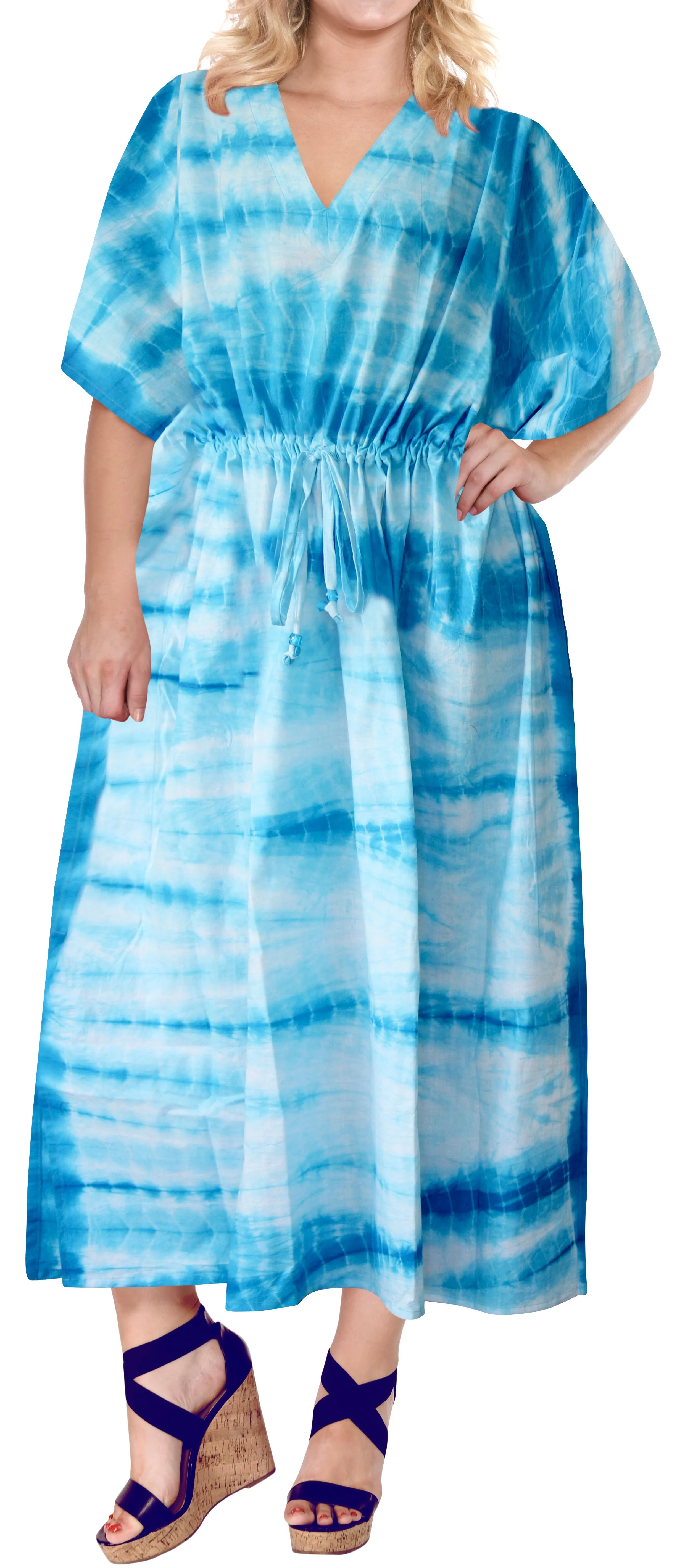 LA LEELA Rayon Tie_Dye Caftan Beach Dress Swimwear OSFM 14-18W [L- 2X] Blue_T877