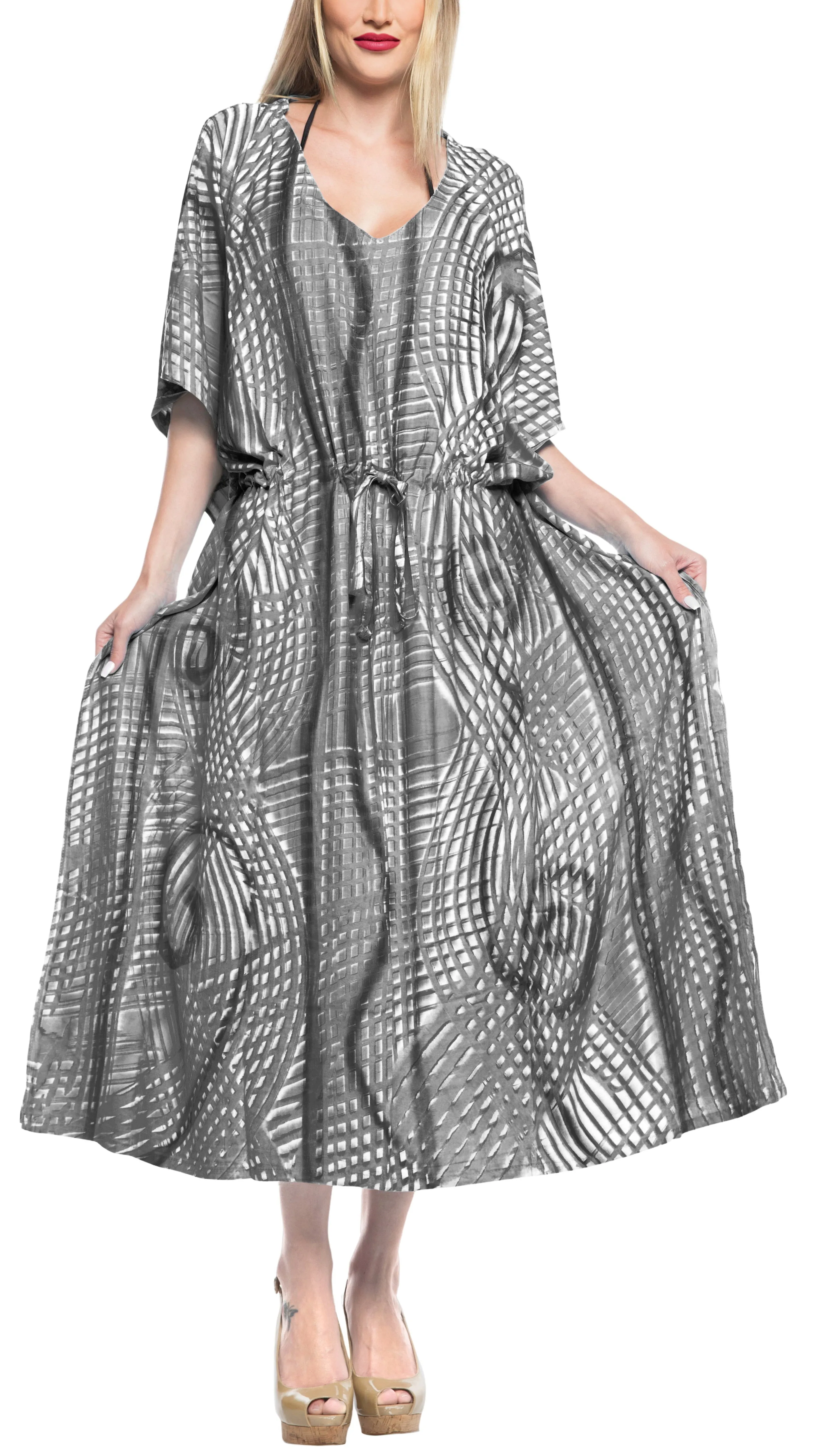 LA LEELA Rayon Tie_Dye Caftan Beach Dress Swimwear OSFM 16-32W [XL- 5X] Grey_F669