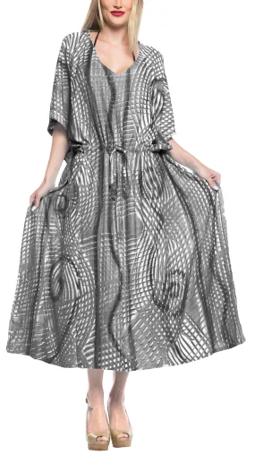 LA LEELA Rayon Tie_Dye Caftan Beach Dress Swimwear OSFM 16-32W [XL- 5X] Grey_F669