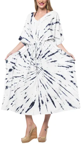 LA LEELA Rayon Tie_Dye Caftan Beach Dress Top Royal Blue_1402 OSFM 14-32W [L-5X]