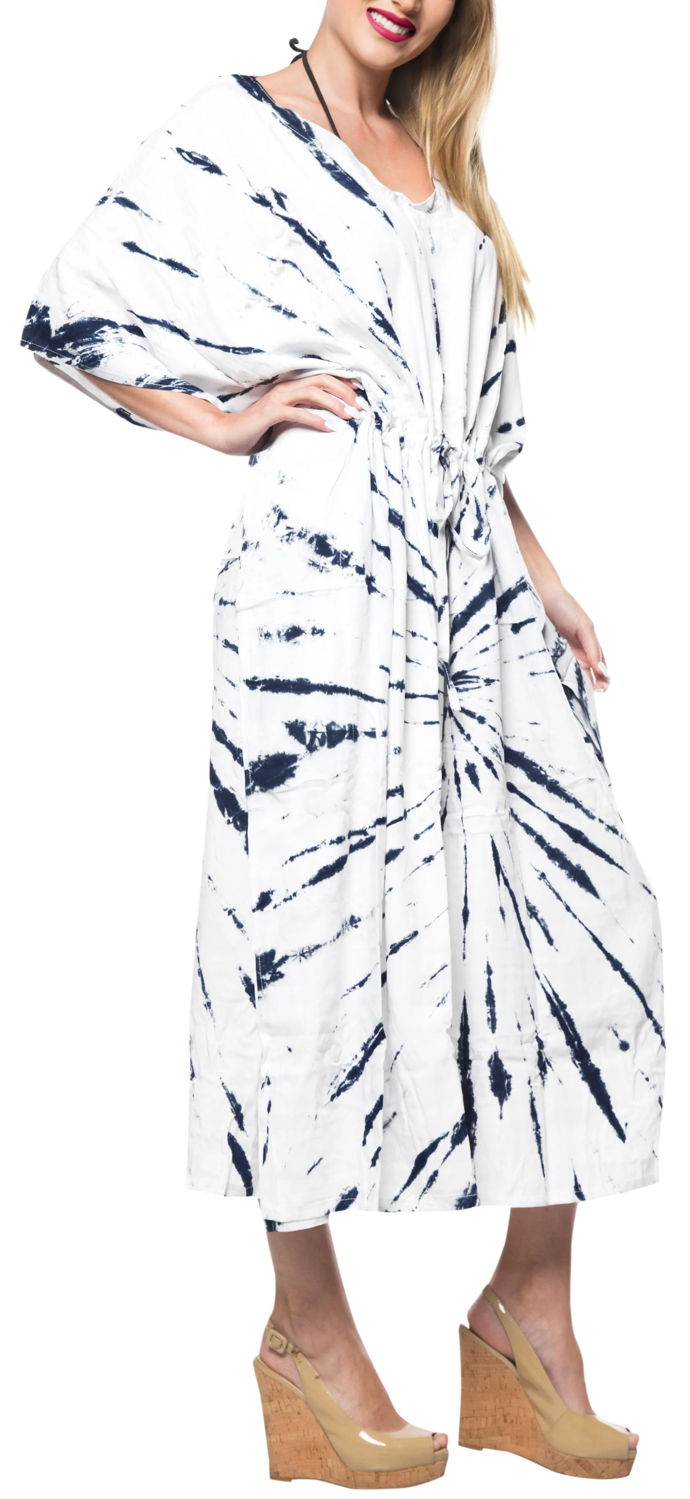 LA LEELA Rayon Tie_Dye Caftan Beach Dress Top Royal Blue_1402 OSFM 14-32W [L-5X]
