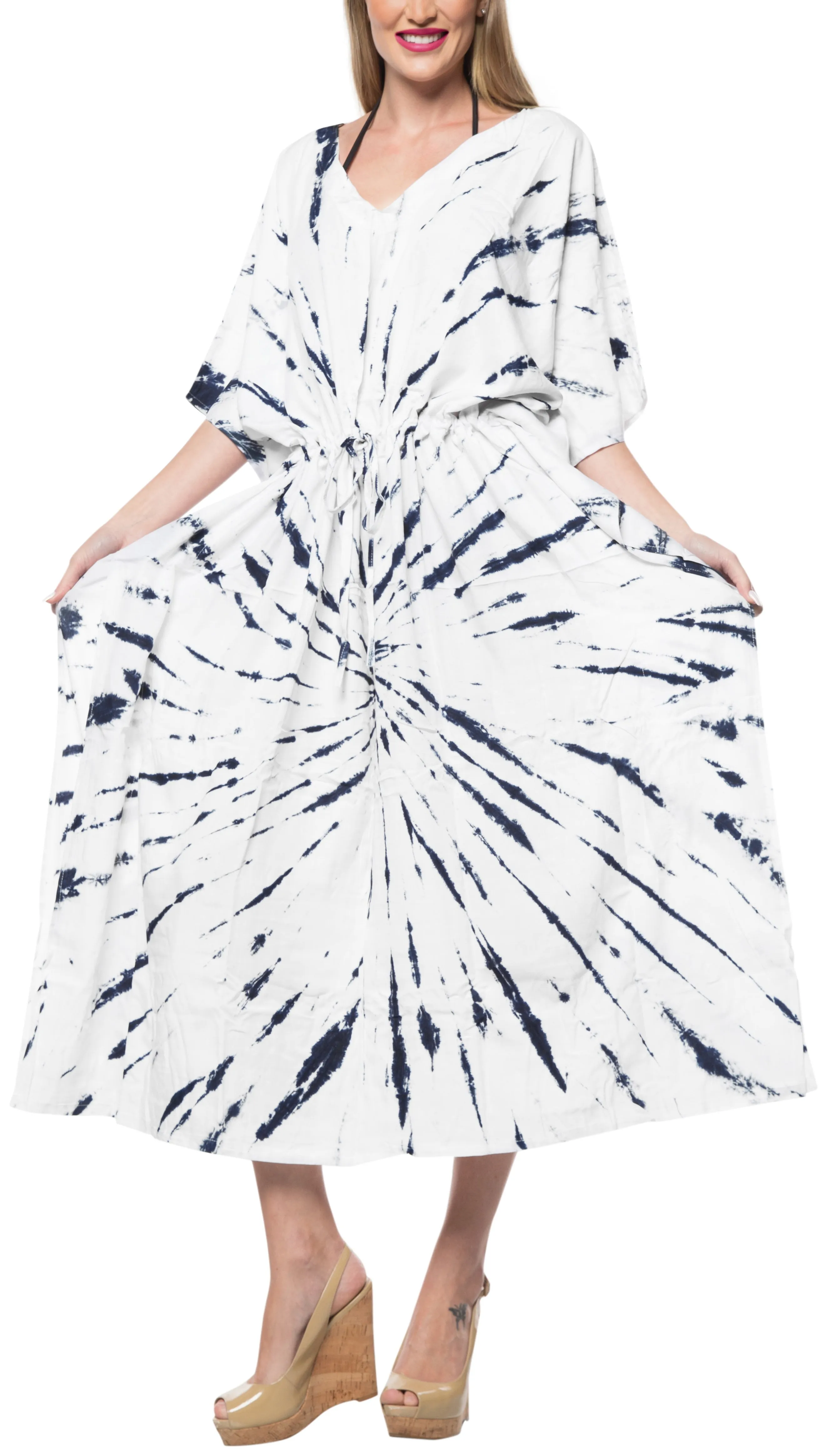 LA LEELA Rayon Tie_Dye Caftan Beach Dress Top Royal Blue_1402 OSFM 14-32W [L-5X]