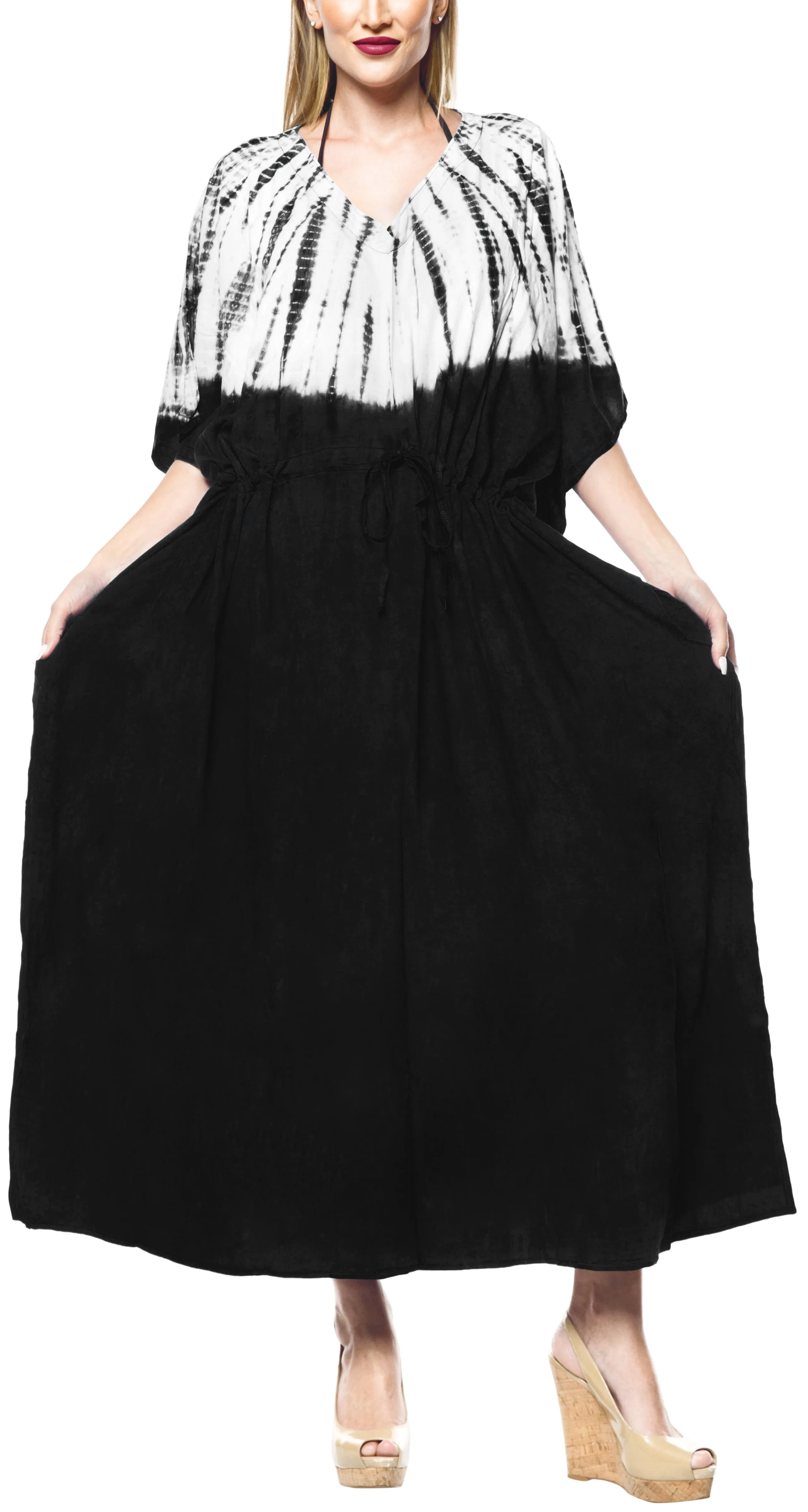 LA LEELA Rayon Tie_Dye Caftan Beach dress Vacation Top Black_1382 OSFM 14-32W