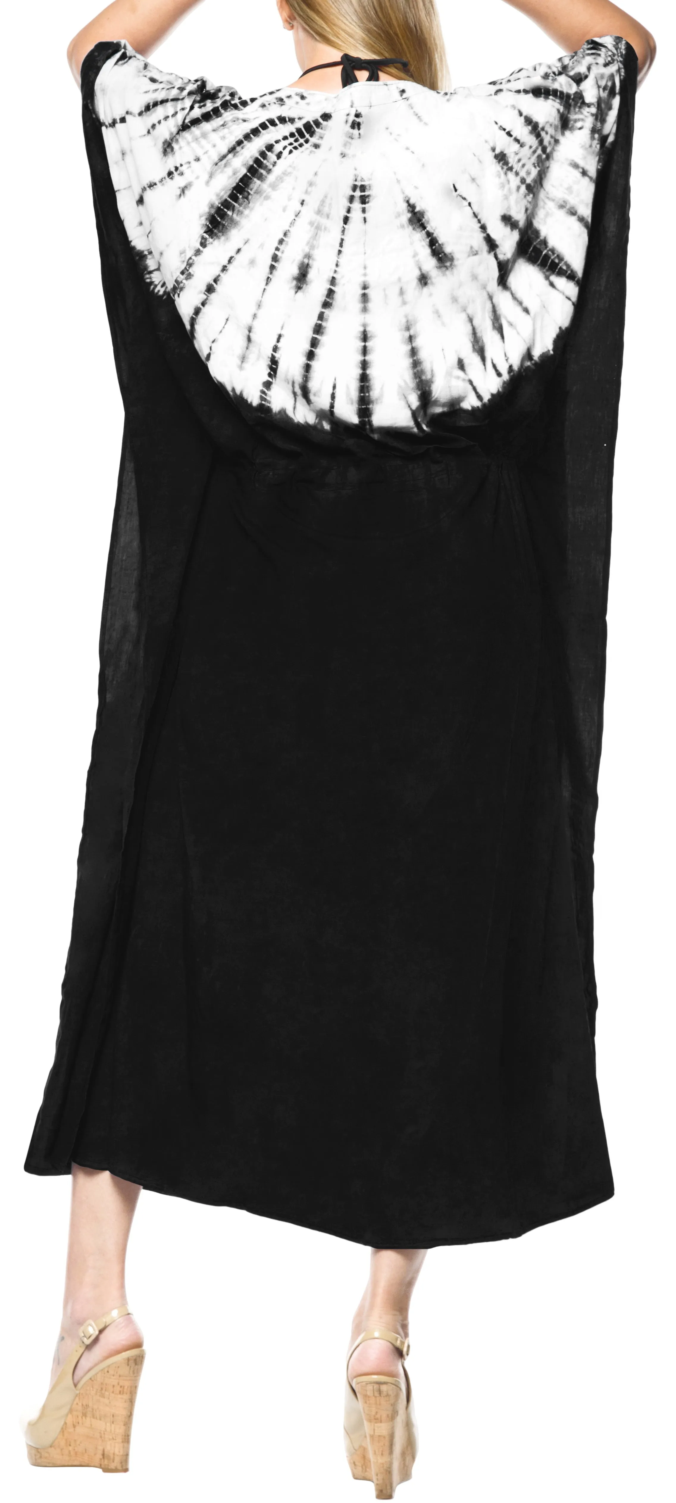 LA LEELA Rayon Tie_Dye Caftan Beach dress Vacation Top Black_1382 OSFM 14-32W