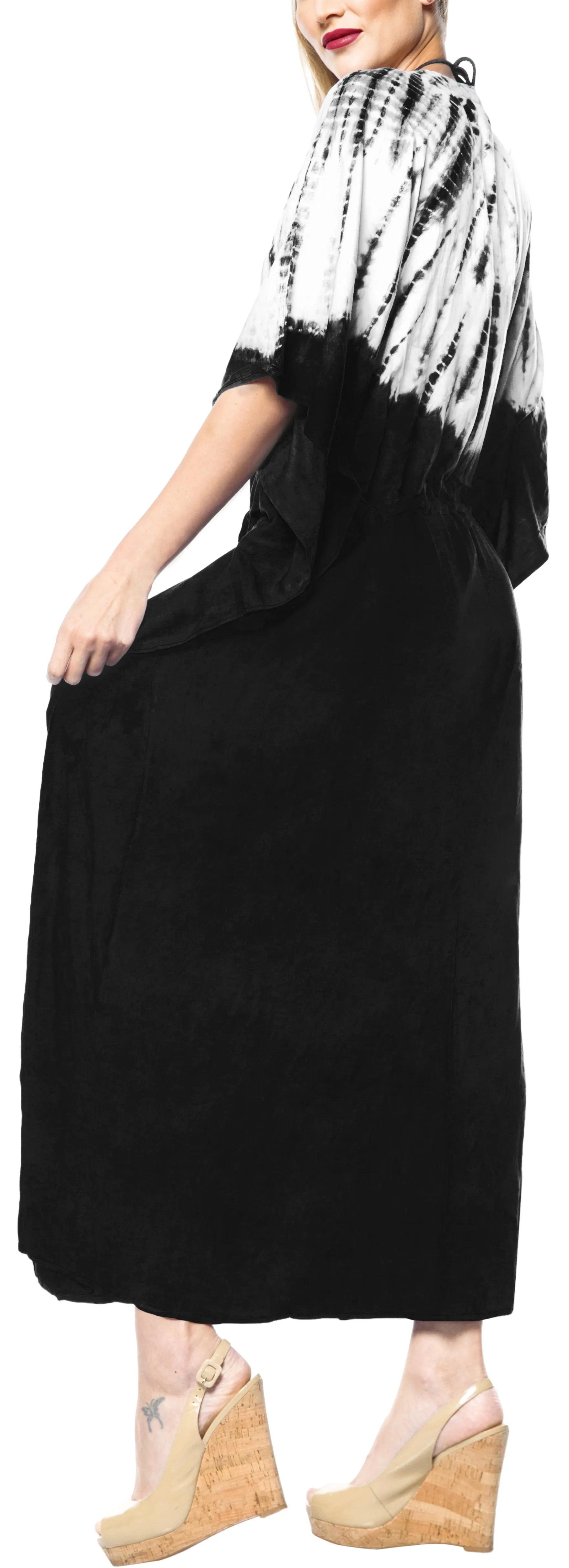 LA LEELA Rayon Tie_Dye Caftan Beach dress Vacation Top Black_1382 OSFM 14-32W