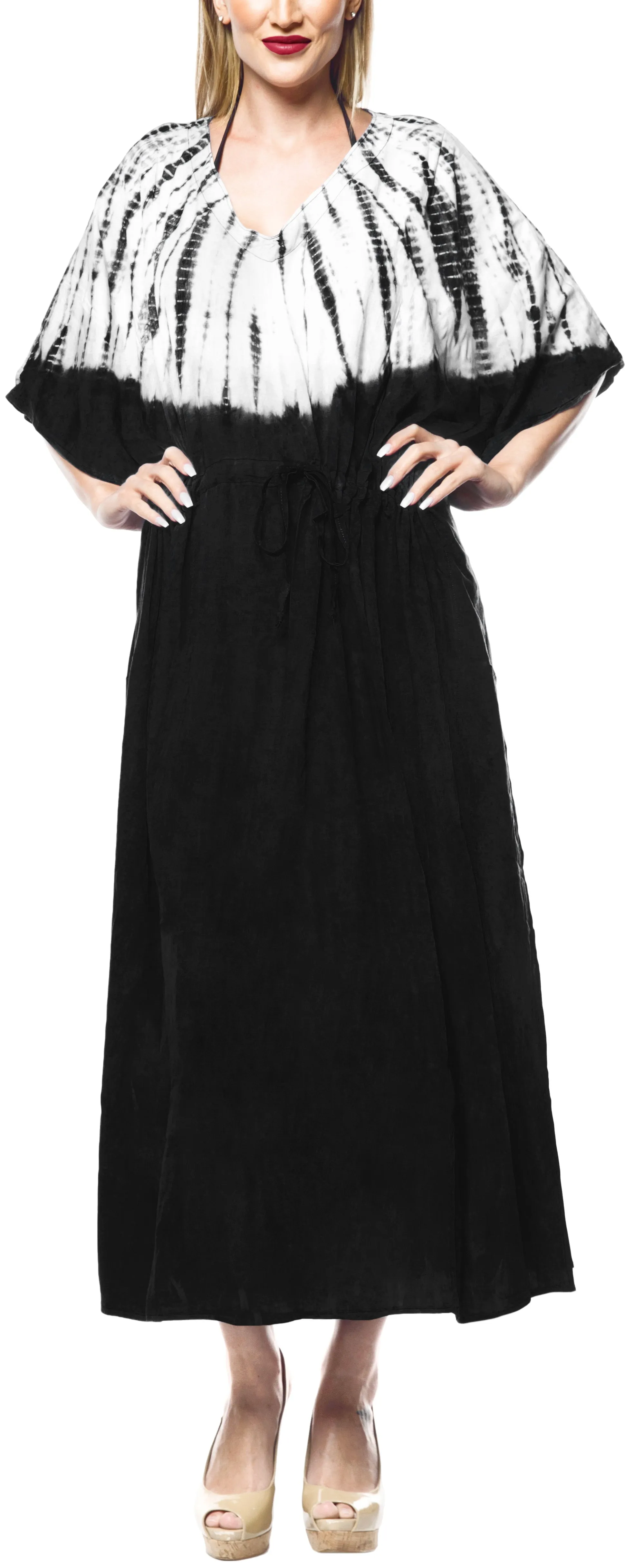 LA LEELA Rayon Tie_Dye Caftan Beach dress Vacation Top Black_1382 OSFM 14-32W