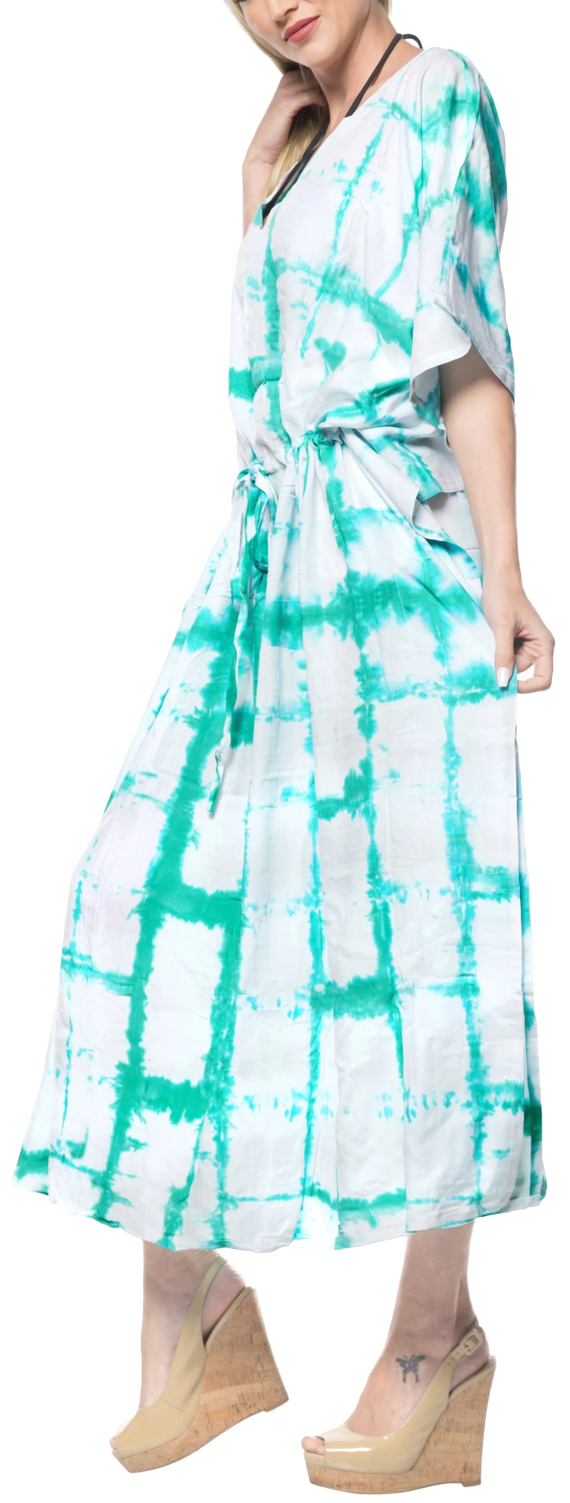 LA LEELA Rayon Tie_Dye Caftan Beach dress Vacation Top Green_1409 OSFM 14-32W