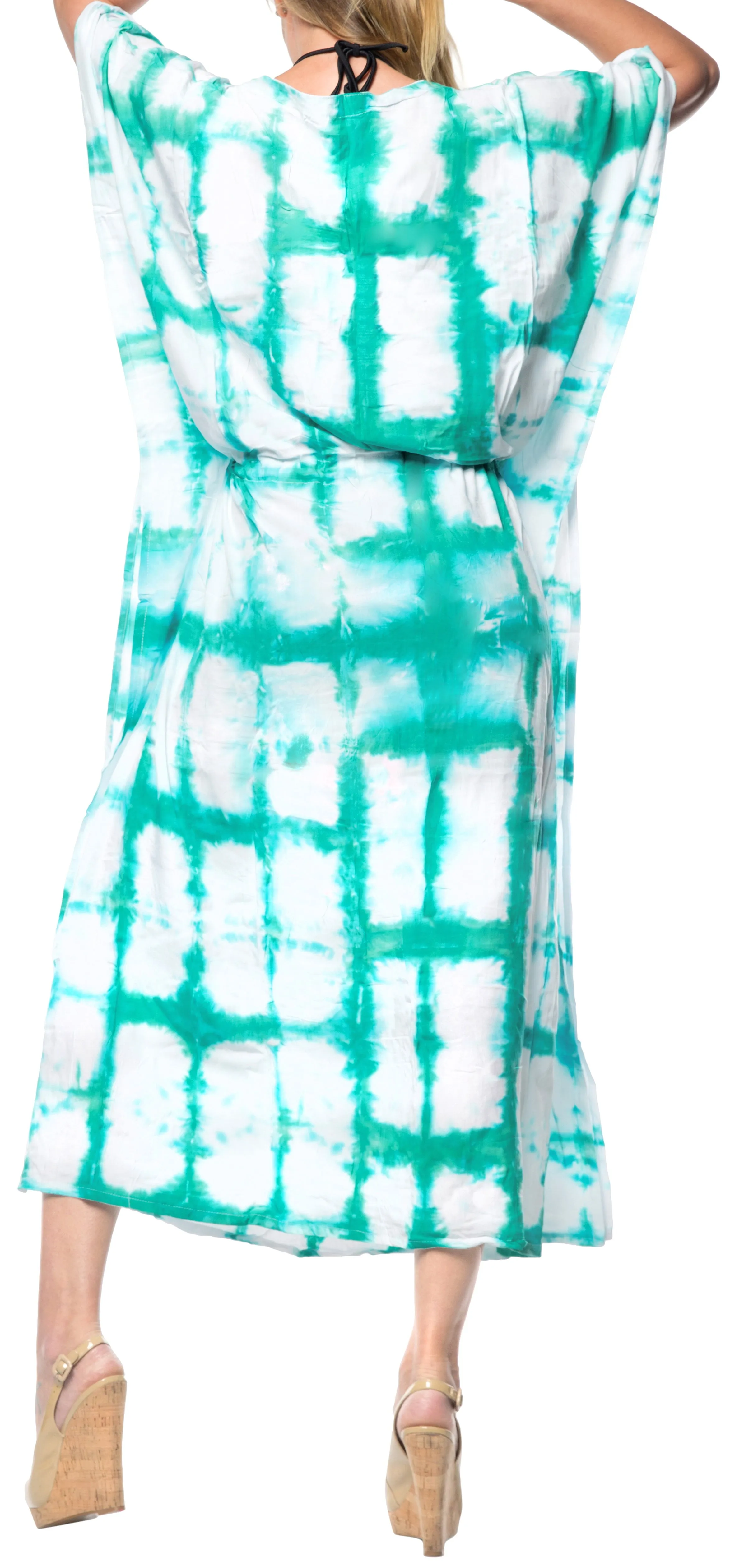 LA LEELA Rayon Tie_Dye Caftan Beach dress Vacation Top Green_1409 OSFM 14-32W