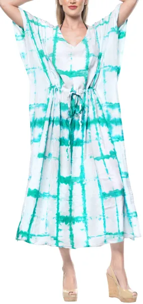LA LEELA Rayon Tie_Dye Caftan Beach dress Vacation Top Green_1409 OSFM 14-32W