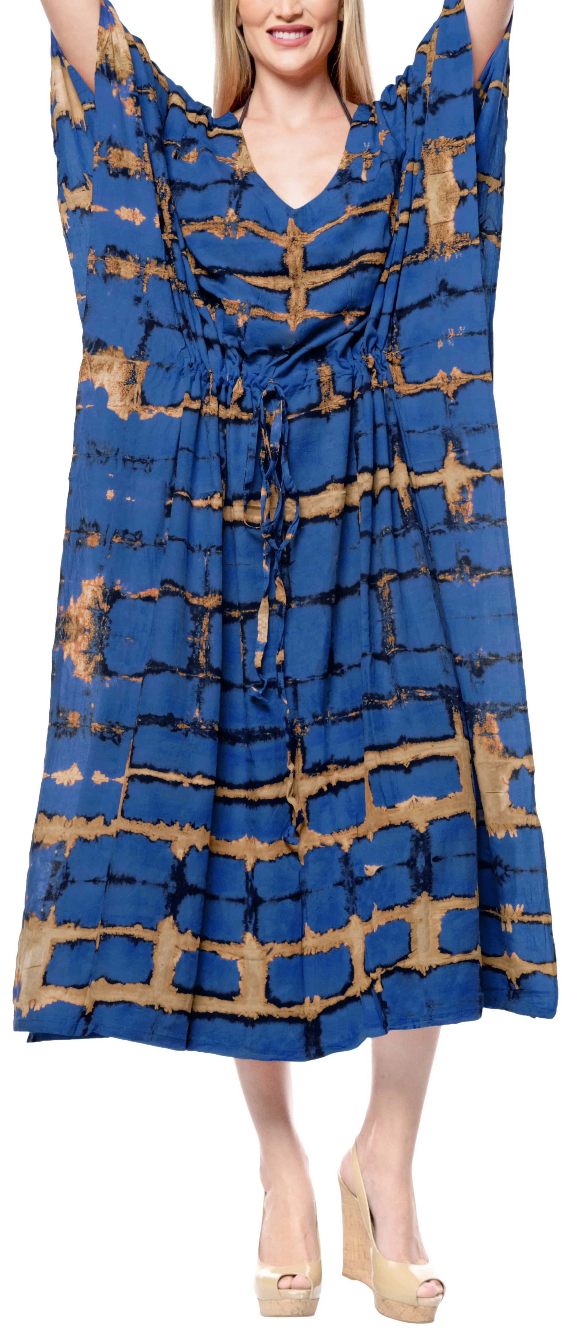 LA LEELA Rayon Tie_Dye Caftan Beach Dress Women Blue_1388 OSFM 14-32W