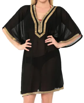 LA LEELA Swimwear Chiffon Solid Bikini Cover Up Swimsuit OSFM 8-14 [M-L] Black_6375