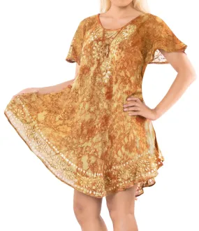 LA LEELA Tie Dye Beachwear Kaftan Loose Long Top OSFM 14-20W [L-2X] Brown_A625 Brown_A625