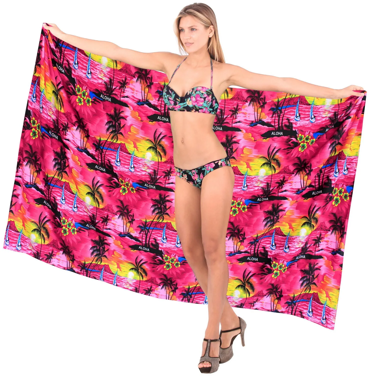 LA LEELA Women's Swimwear Pareo Sarong Bikini Coverups Tie One Size Pink_V653