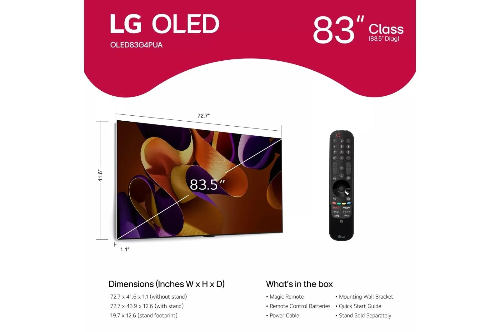 Lg OLED83G4WUA 83 Inch Class LG OLED evo G4 4K Smart TV 2024 with Supplied Wall Mount