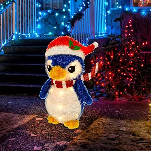 Lighted Christmas Tinsel Penguin Decorations, 20 Inch Pre-Lit Light Up Blue Penguin with 35 Count Clear Incandescent Lights, Indoor or Outdoor Yard Lawn Festive Holiday Decoration