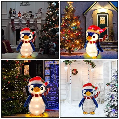 Lighted Christmas Tinsel Penguin Decorations, 20 Inch Pre-Lit Light Up Blue Penguin with 35 Count Clear Incandescent Lights, Indoor or Outdoor Yard Lawn Festive Holiday Decoration