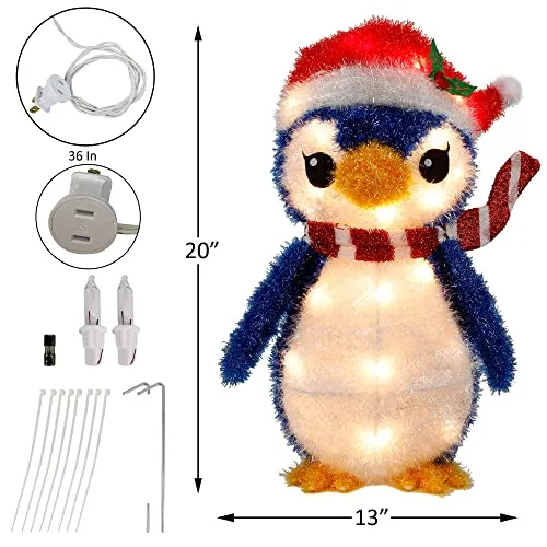 Lighted Christmas Tinsel Penguin Decorations, 20 Inch Pre-Lit Light Up Blue Penguin with 35 Count Clear Incandescent Lights, Indoor or Outdoor Yard Lawn Festive Holiday Decoration