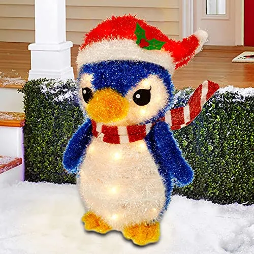 Lighted Christmas Tinsel Penguin Decorations, 20 Inch Pre-Lit Light Up Blue Penguin with 35 Count Clear Incandescent Lights, Indoor or Outdoor Yard Lawn Festive Holiday Decoration