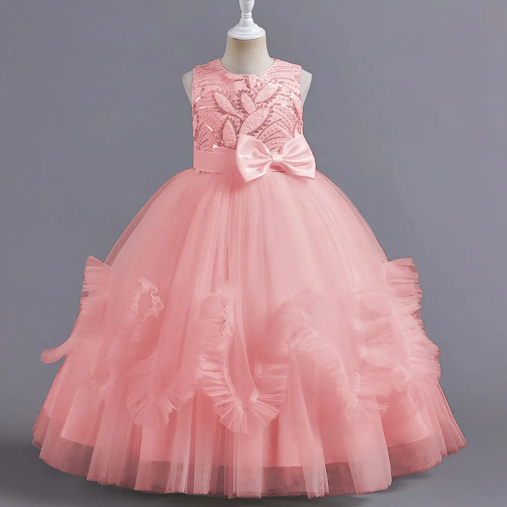 LS8053 2 to 9 Years Outong Elegant Dress  Little Girl Long Lace Princess Dress Fit For 2 to 9 Years Girls