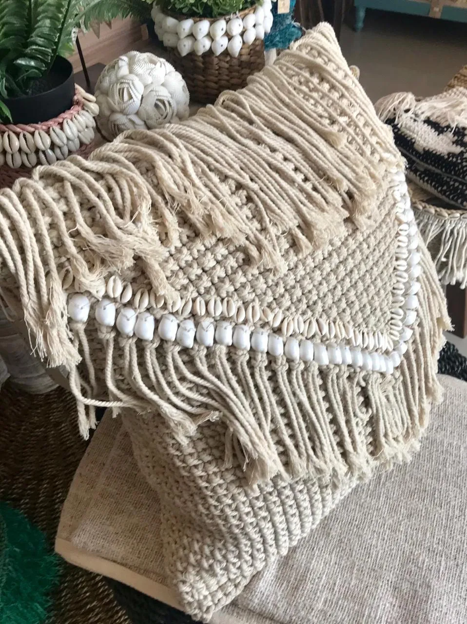 Macrame Cushion With Shell & Fringe