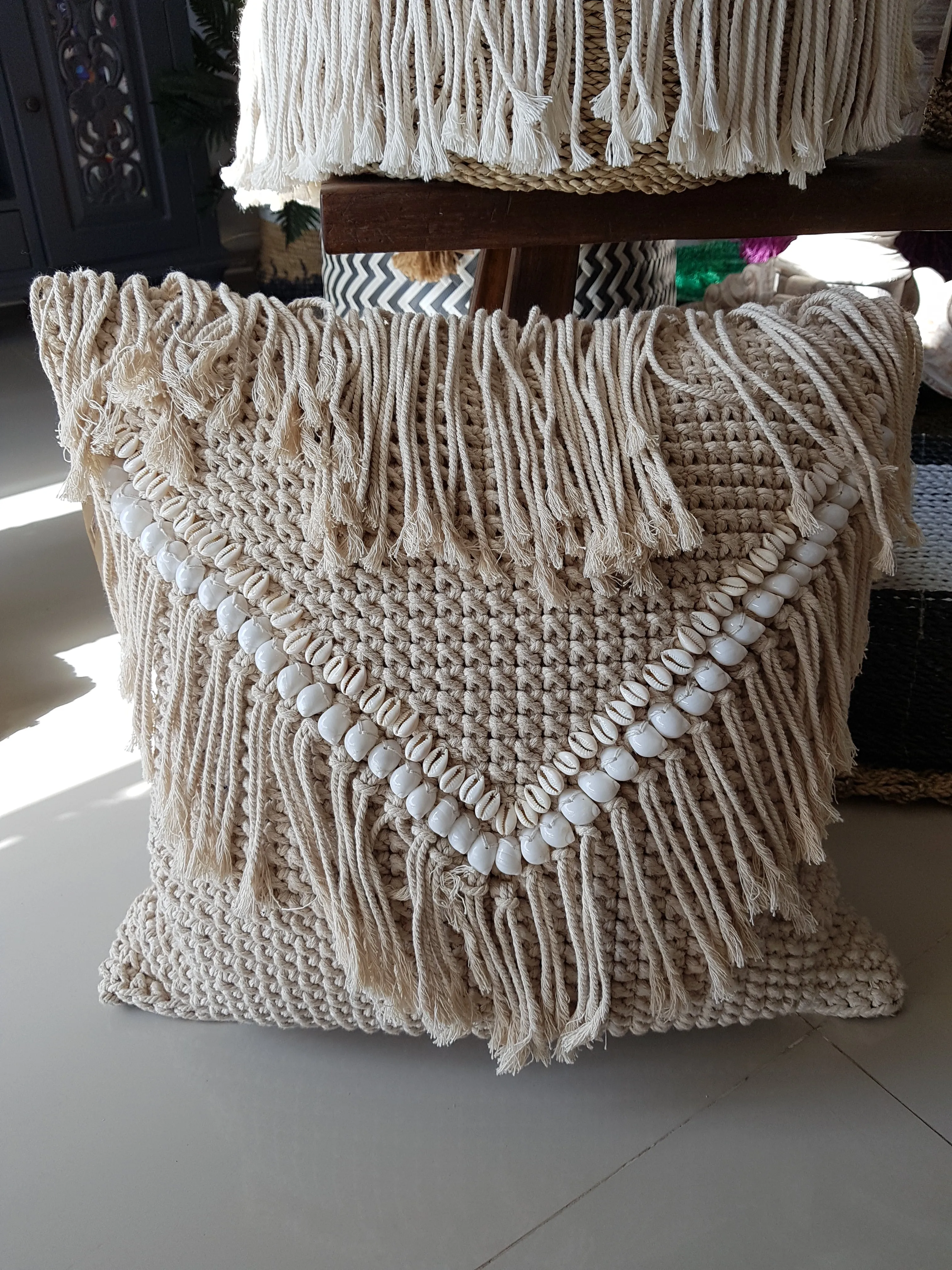 Macrame Cushion With Shell & Fringe