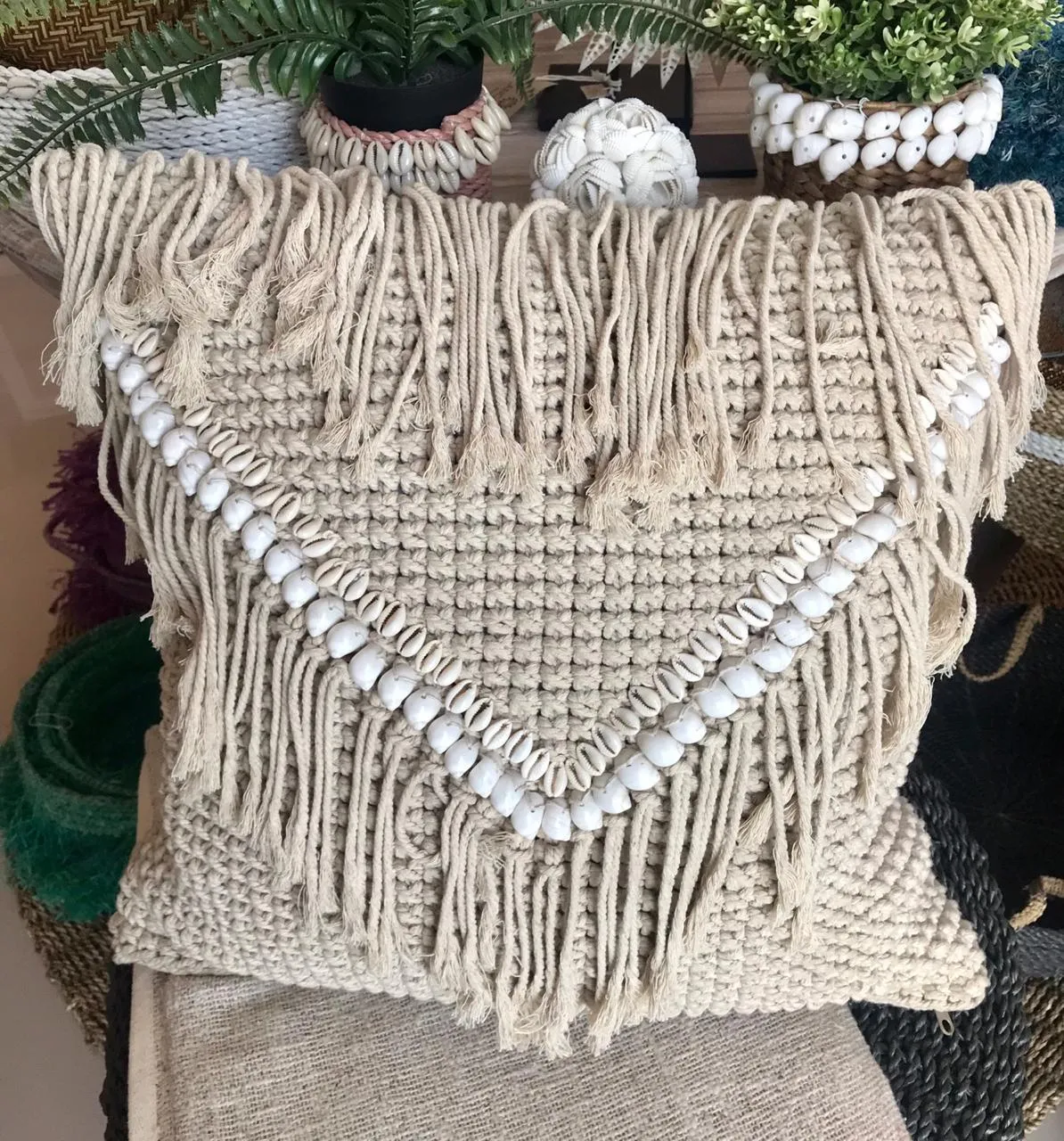 Macrame Cushion With Shell & Fringe