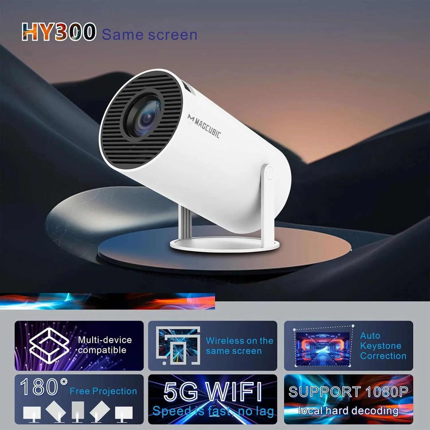 Magcubic HY300 Portable 4K Decoding Projector - WiFi6, Android 11, Bluetooth 5.0 - Ultra-Sharp Imaging, Smart Connectivity, Superior Audio (Open Never Used)