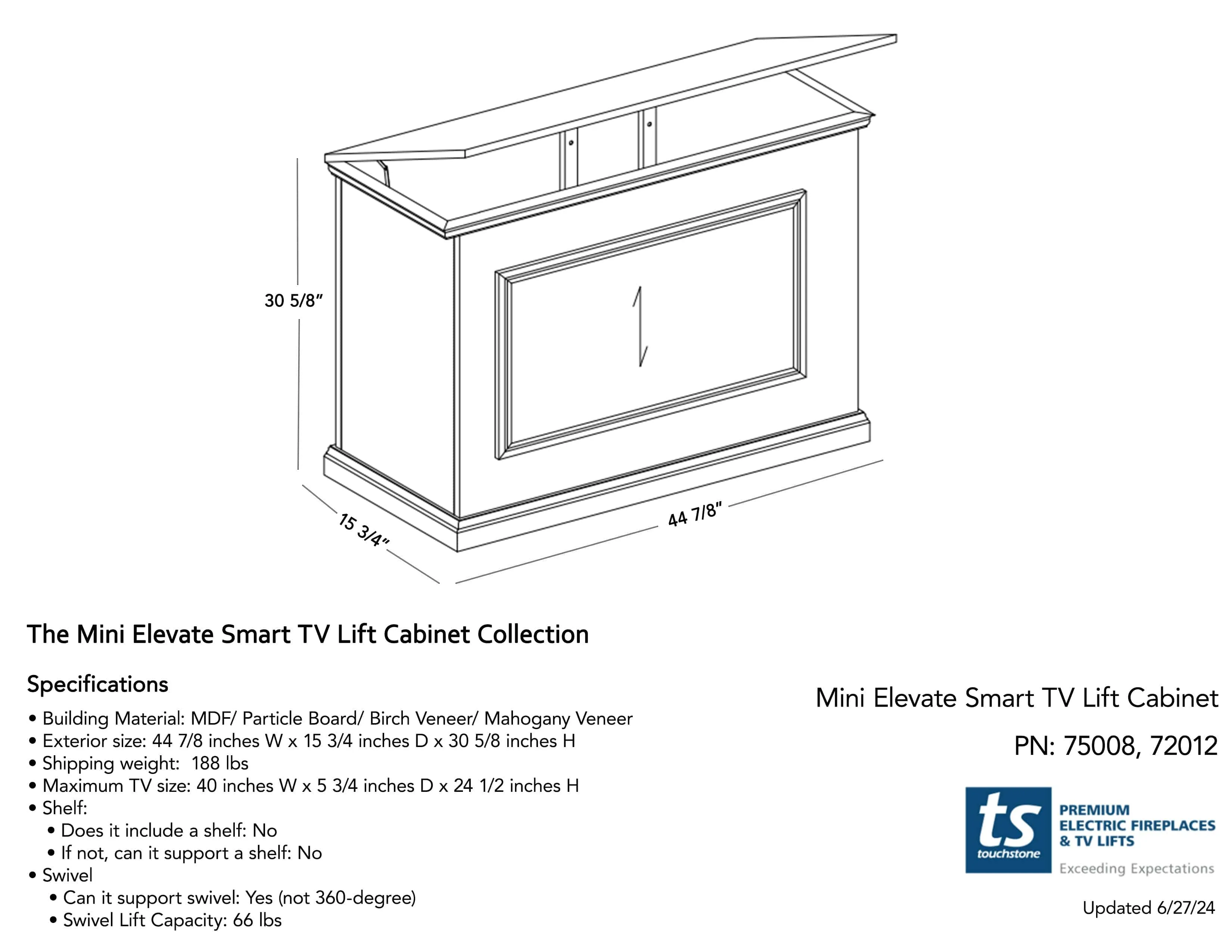 Mini Elevate 75012 Unfinished Smart  TV Lift Cabinet for 46 Inch Flat screen TVs