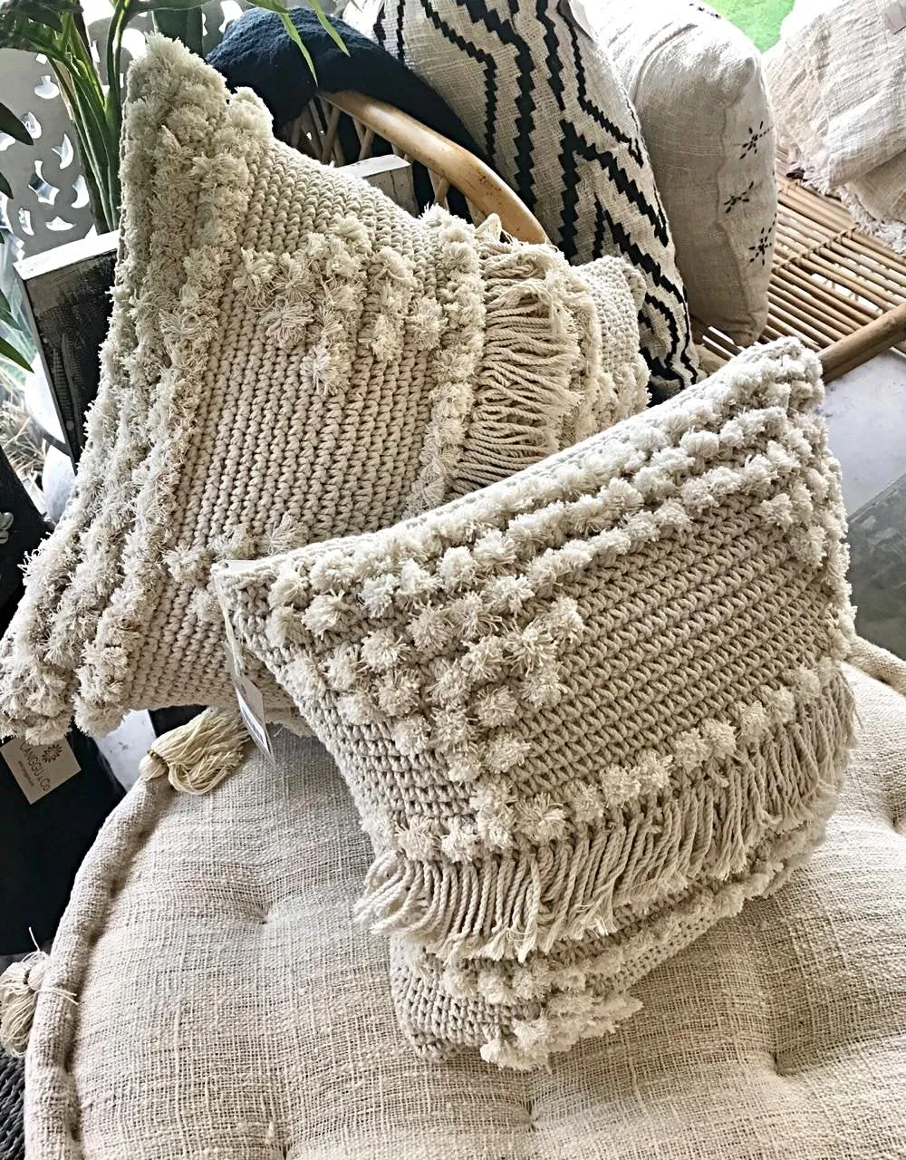 Natural Macrame Cushions With Mini-Poms