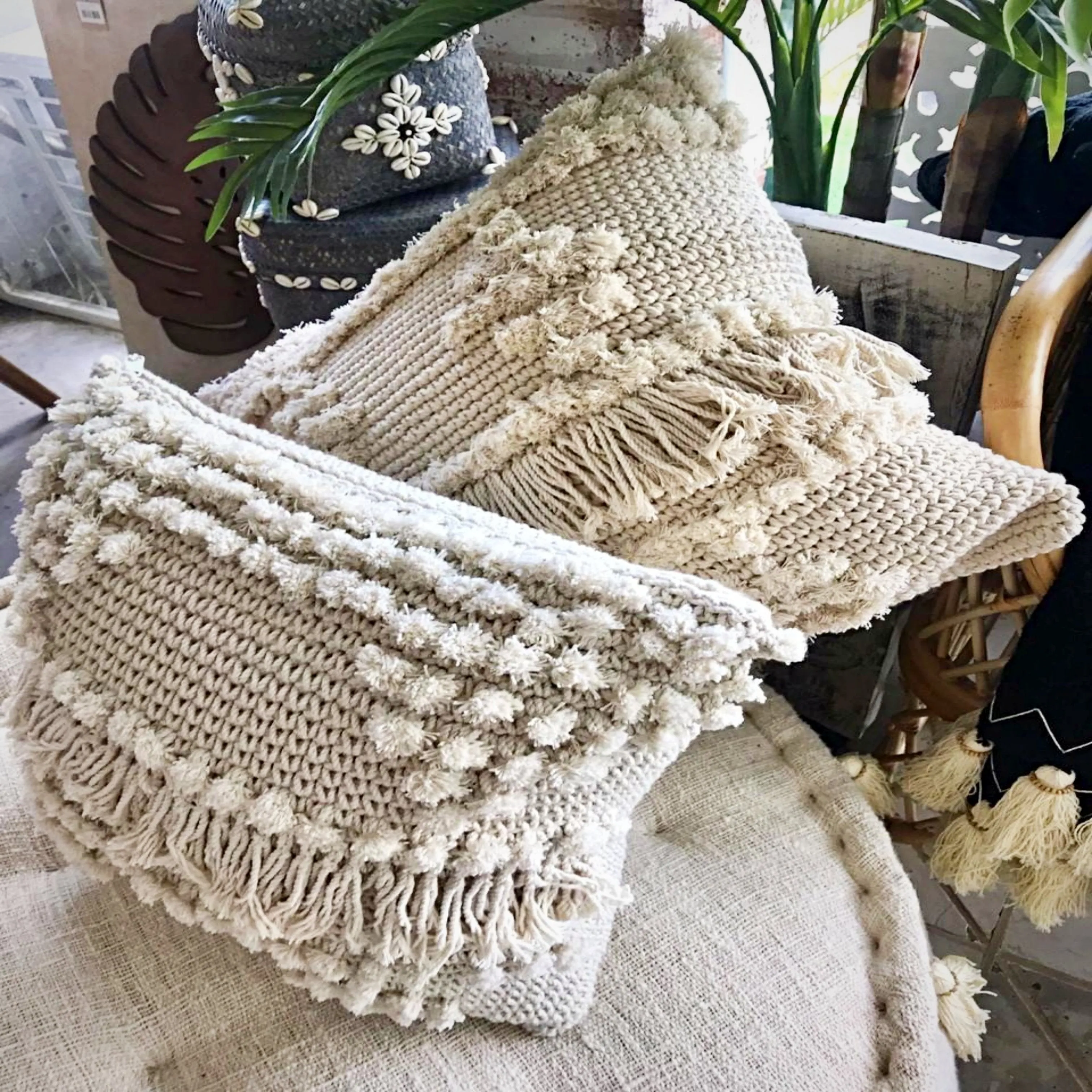 Natural Macrame Cushions With Mini-Poms