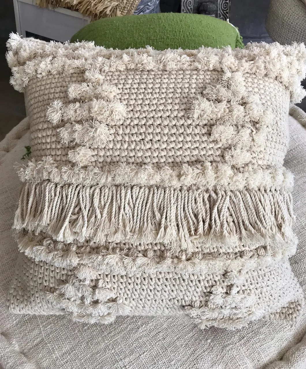 Natural Macrame Cushions With Mini-Poms