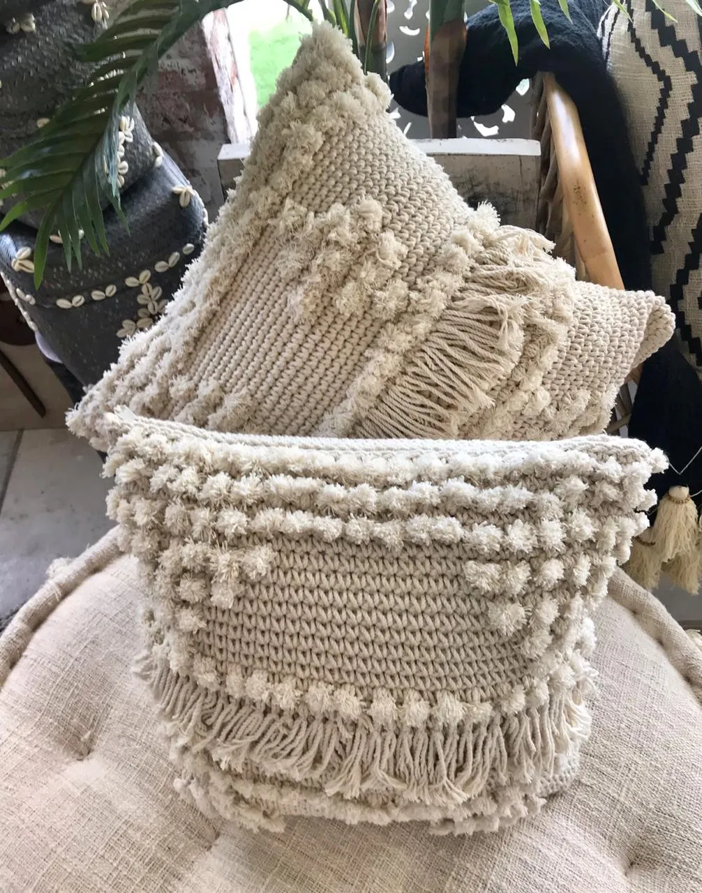 Natural Macrame Cushions With Mini-Poms