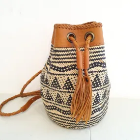 Natural Woven Bamboo Shoulder Bag With Ethnic Motif