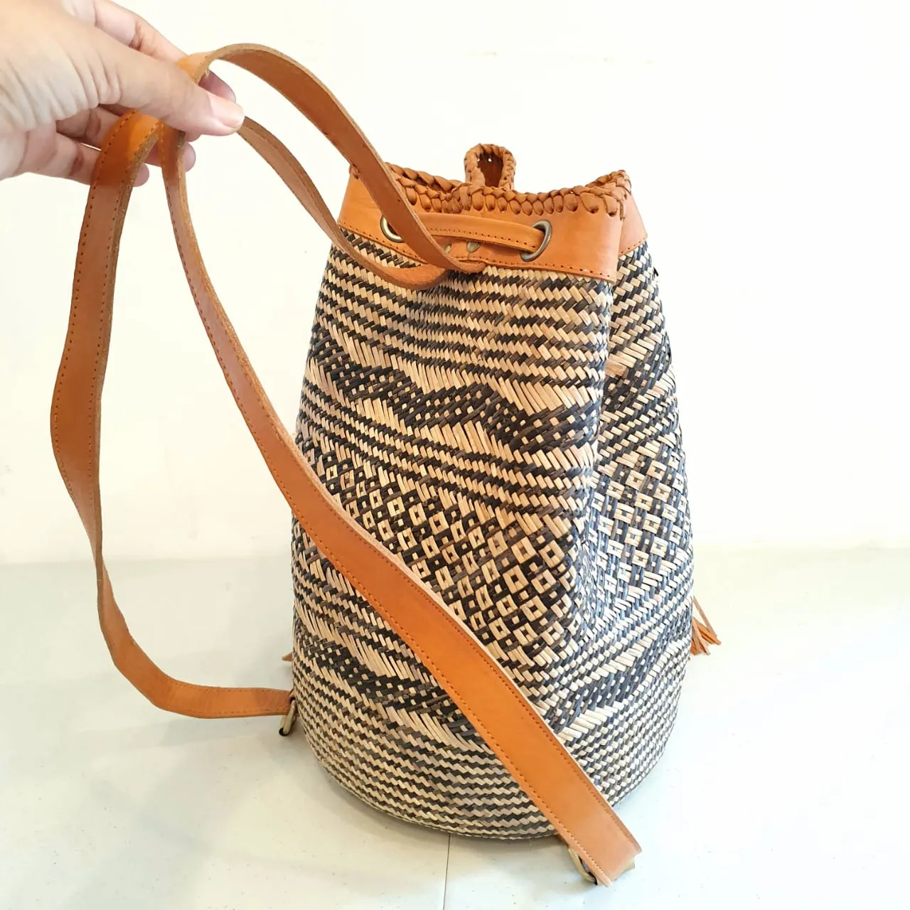 Natural Woven Bamboo Shoulder Bag With Ethnic Motif