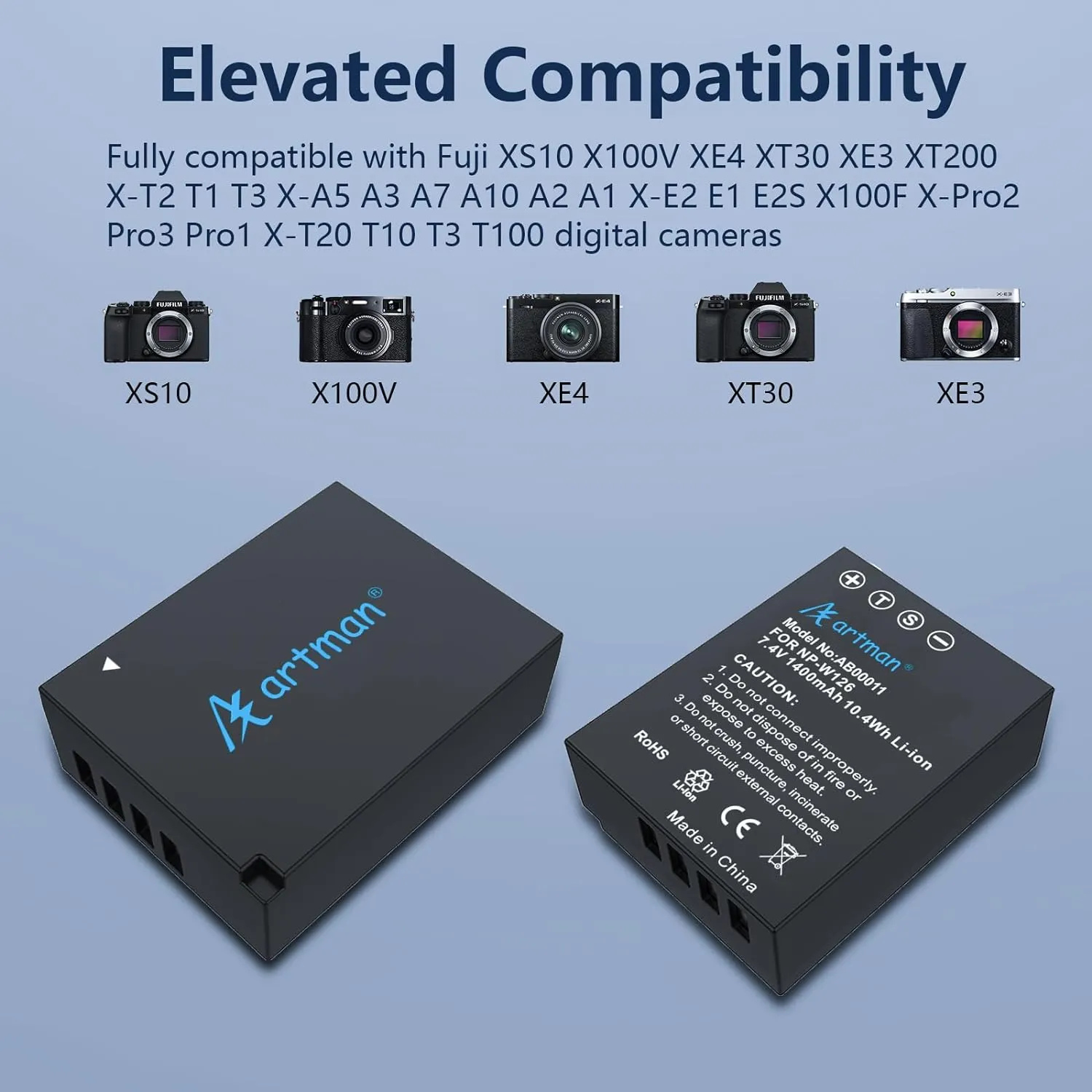 NJA NP-W126 NP-W126S Battery 2-pack and USB Dual Charger Compatible with Fujifilm X-T1 X-T2 X-T3 X-T10 X-T20 X-T30 X-T30 II X-T100 X-T200 X100F X100V X-S10 X-A5 X-A10 X-E4 X-Pro2 X-Pro3