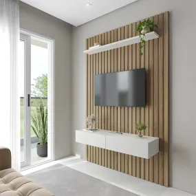 Painel Ripado para TV até 50” 1 Prateleira 2 Portas Aspen 143 cm - Freijó c/ Off White Fosco