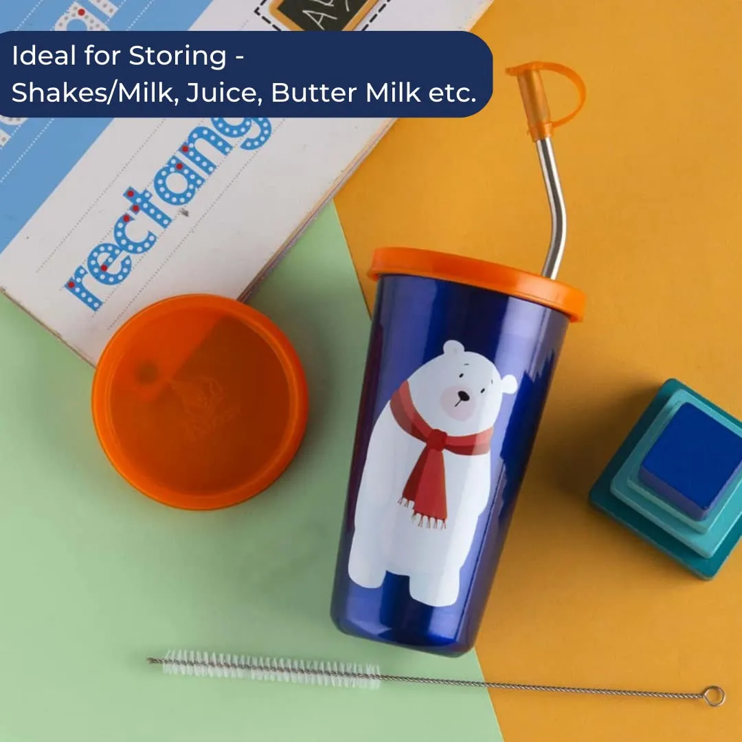 Pdd Falcon Stainless Steel Polar Bear Cartoon Print Glass/Tumbler with BPA Free Lid, Steel Straw with Cleaning Brush & Food Grade Cap for Straw and Extra Storage Lid,100% Leak Proof - 450ml (Blue)