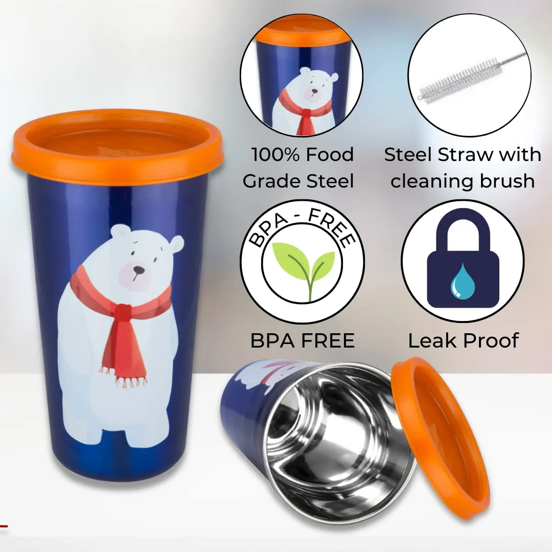 Pdd Falcon Stainless Steel Polar Bear Cartoon Print Glass/Tumbler with BPA Free Lid, Steel Straw with Cleaning Brush & Food Grade Cap for Straw and Extra Storage Lid,100% Leak Proof - 450ml (Blue)
