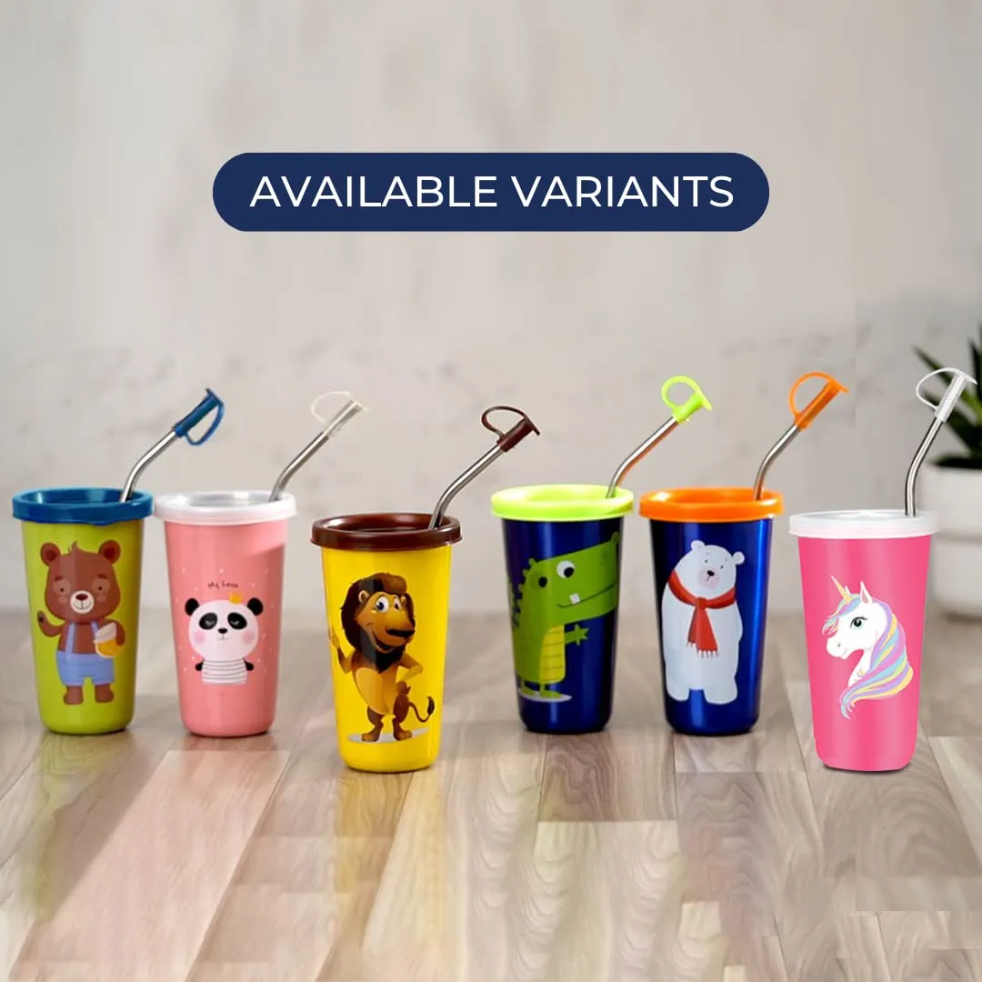Pdd Falcon Stainless Steel Polar Bear Cartoon Print Glass/Tumbler with BPA Free Lid, Steel Straw with Cleaning Brush & Food Grade Cap for Straw and Extra Storage Lid,100% Leak Proof - 450ml (Blue)