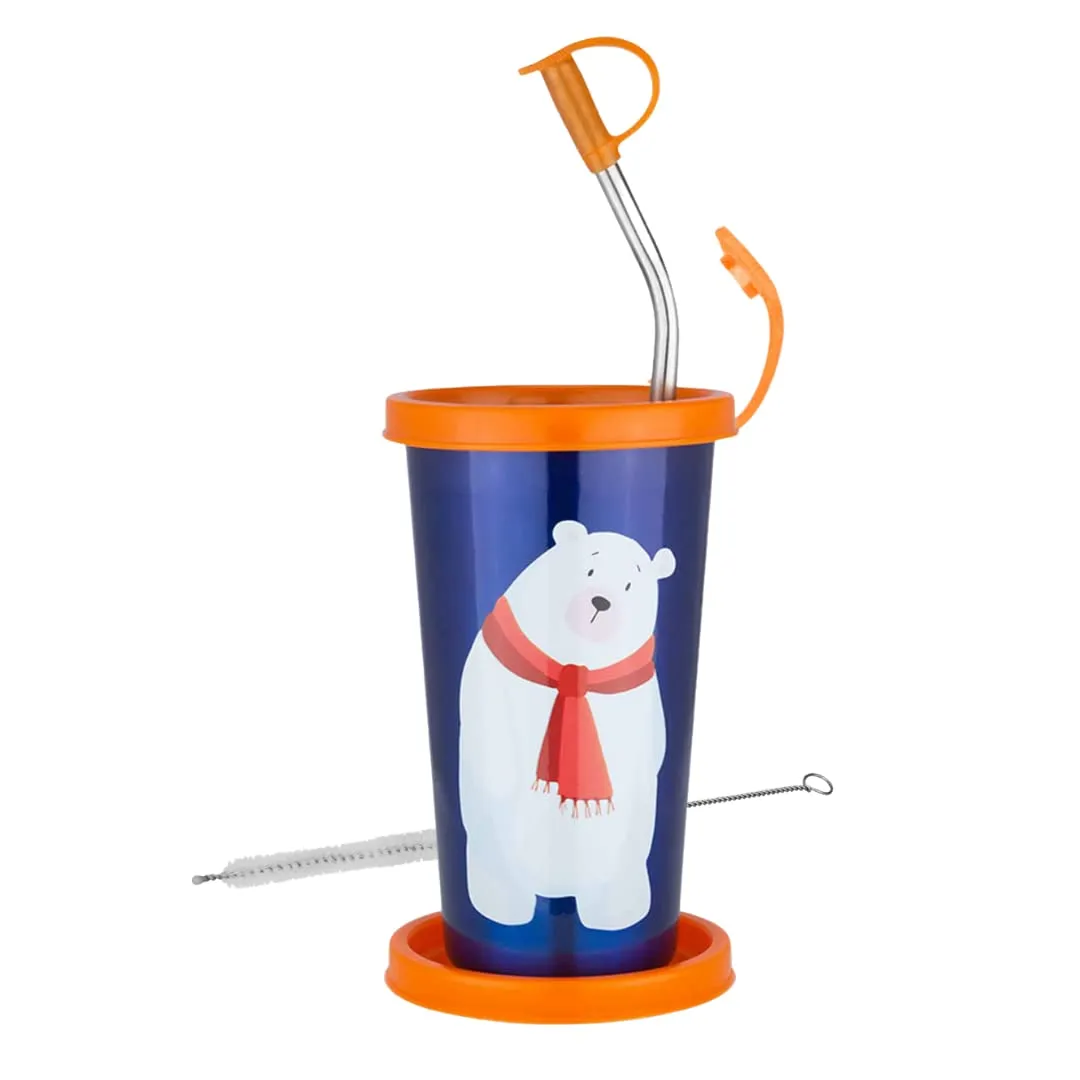 Pdd Falcon Stainless Steel Polar Bear Cartoon Print Glass/Tumbler with BPA Free Lid, Steel Straw with Cleaning Brush & Food Grade Cap for Straw and Extra Storage Lid,100% Leak Proof - 450ml (Blue)