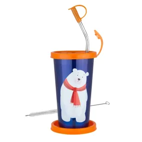 Pdd Falcon Stainless Steel Polar Bear Cartoon Print Glass/Tumbler with BPA Free Lid, Steel Straw with Cleaning Brush & Food Grade Cap for Straw and Extra Storage Lid,100% Leak Proof - 450ml (Blue)
