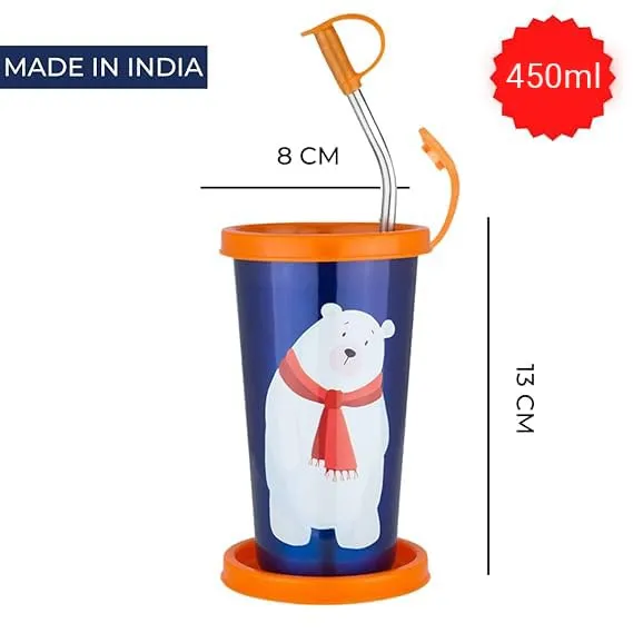 Pdd Falcon Stainless Steel Polar Bear Cartoon Print Glass/Tumbler with BPA Free Lid, Steel Straw with Cleaning Brush & Food Grade Cap for Straw and Extra Storage Lid,100% Leak Proof - 450ml (Blue)
