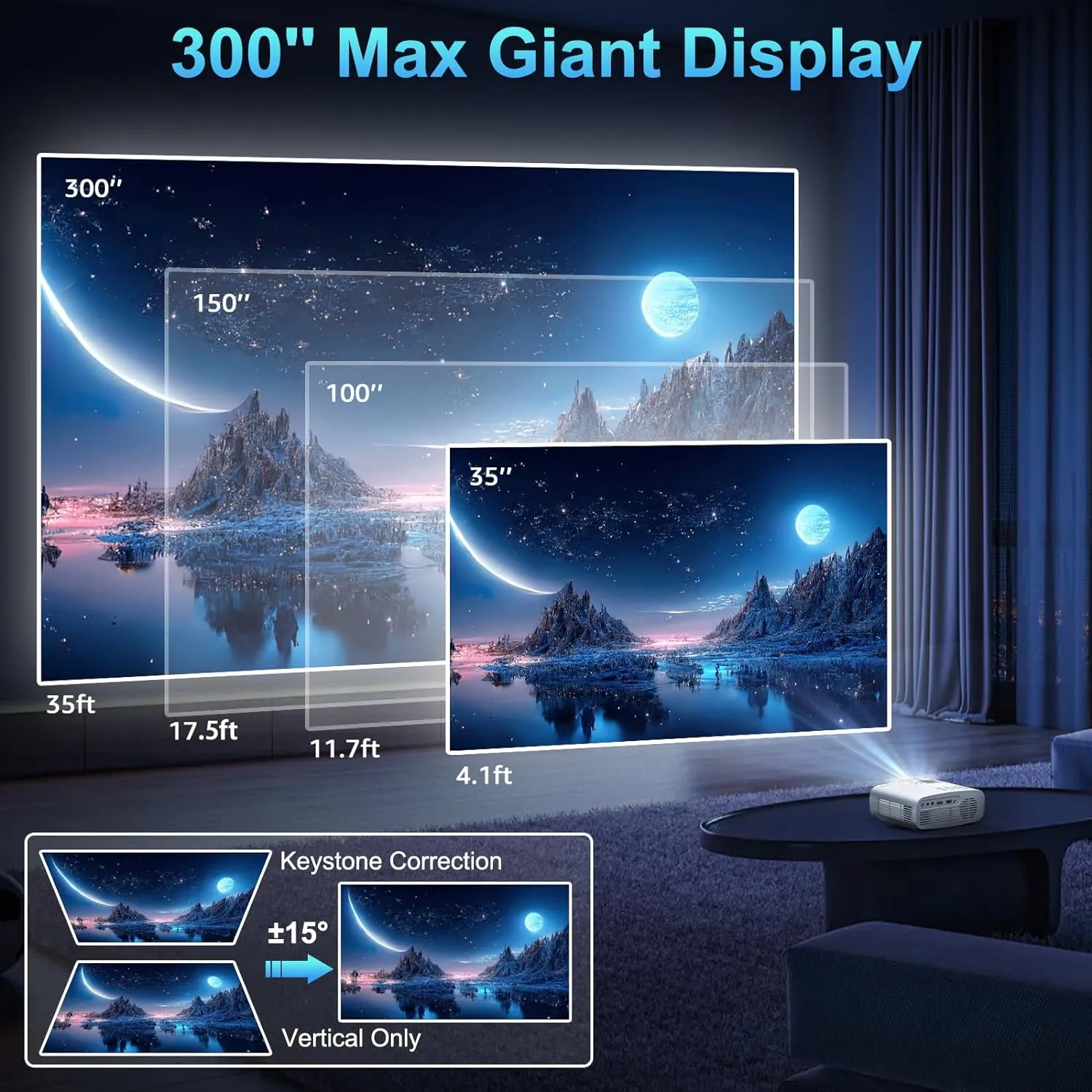 Pericat 5G WiFi Projector Bluetooth,10000L Native 1080P Outdoor Portable Video Projector 4K Supported,Home Theater Movie Projector 300'' Display,Compatible iOS/Android//PC/TV Stick/PS5
