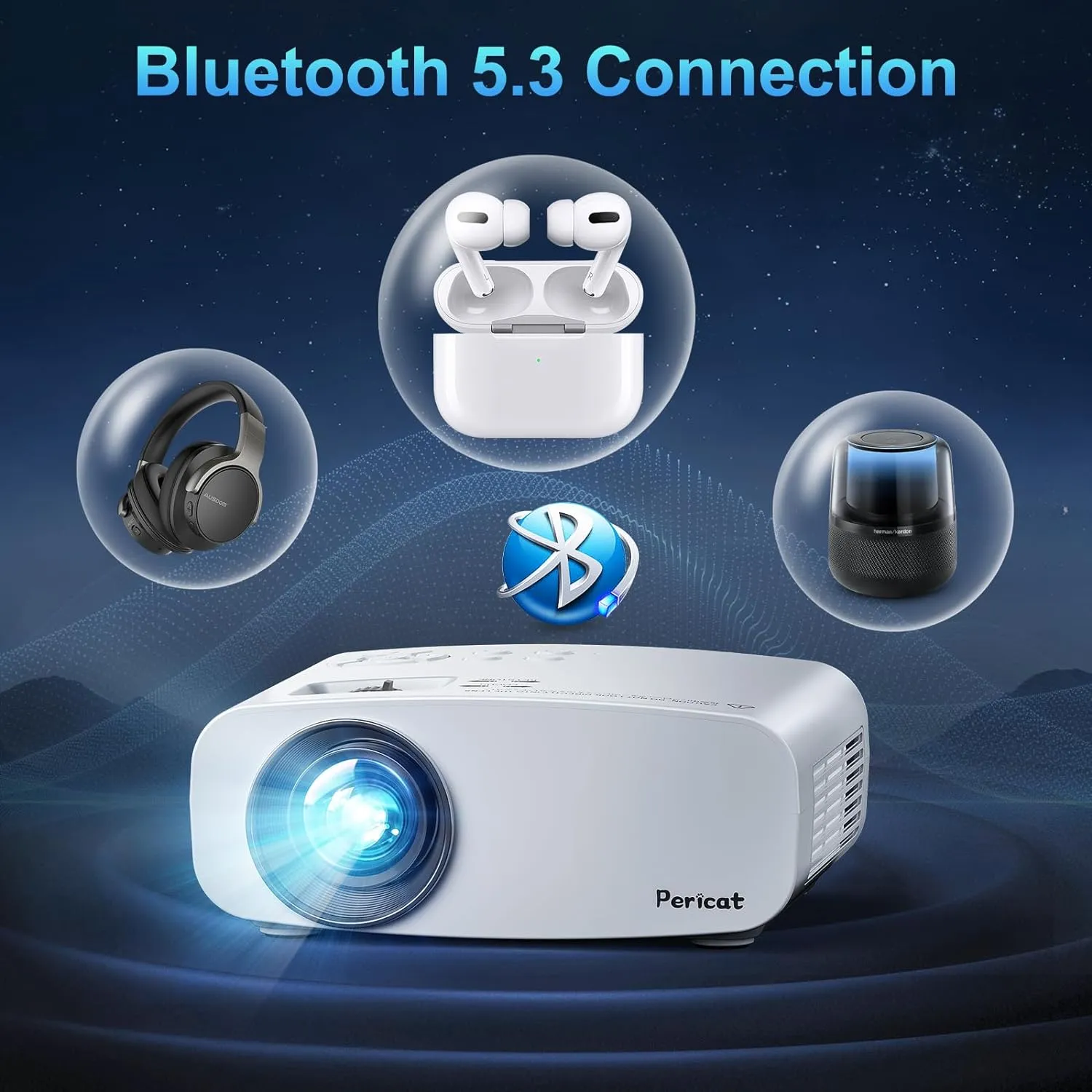 Pericat 5G WiFi Projector Bluetooth,10000L Native 1080P Outdoor Portable Video Projector 4K Supported,Home Theater Movie Projector 300'' Display,Compatible iOS/Android//PC/TV Stick/PS5