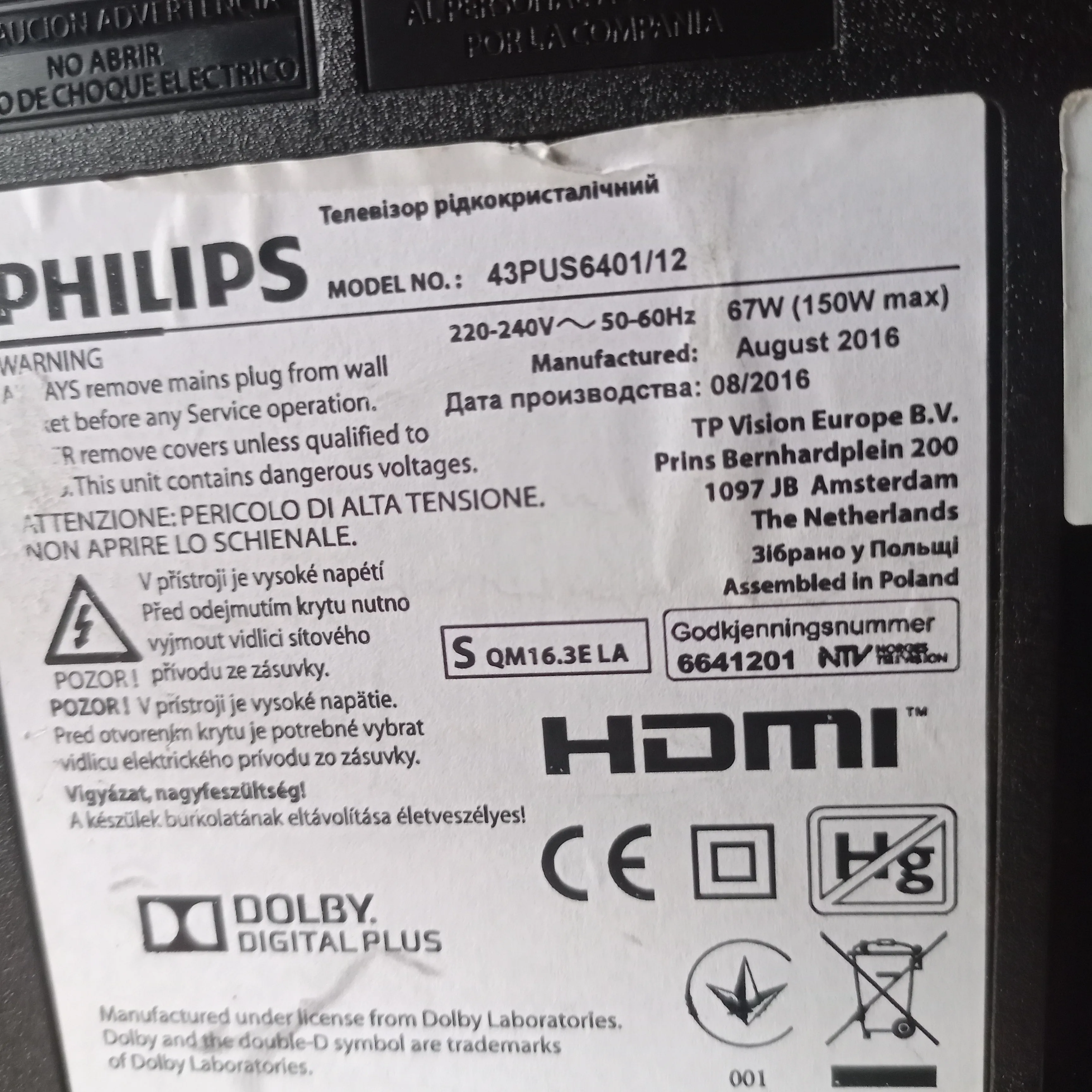 Philips 43 Inch 43PUS6401/12 6000 Series 4K UHD Ultra HDR LED powered by Android TV - UK Used