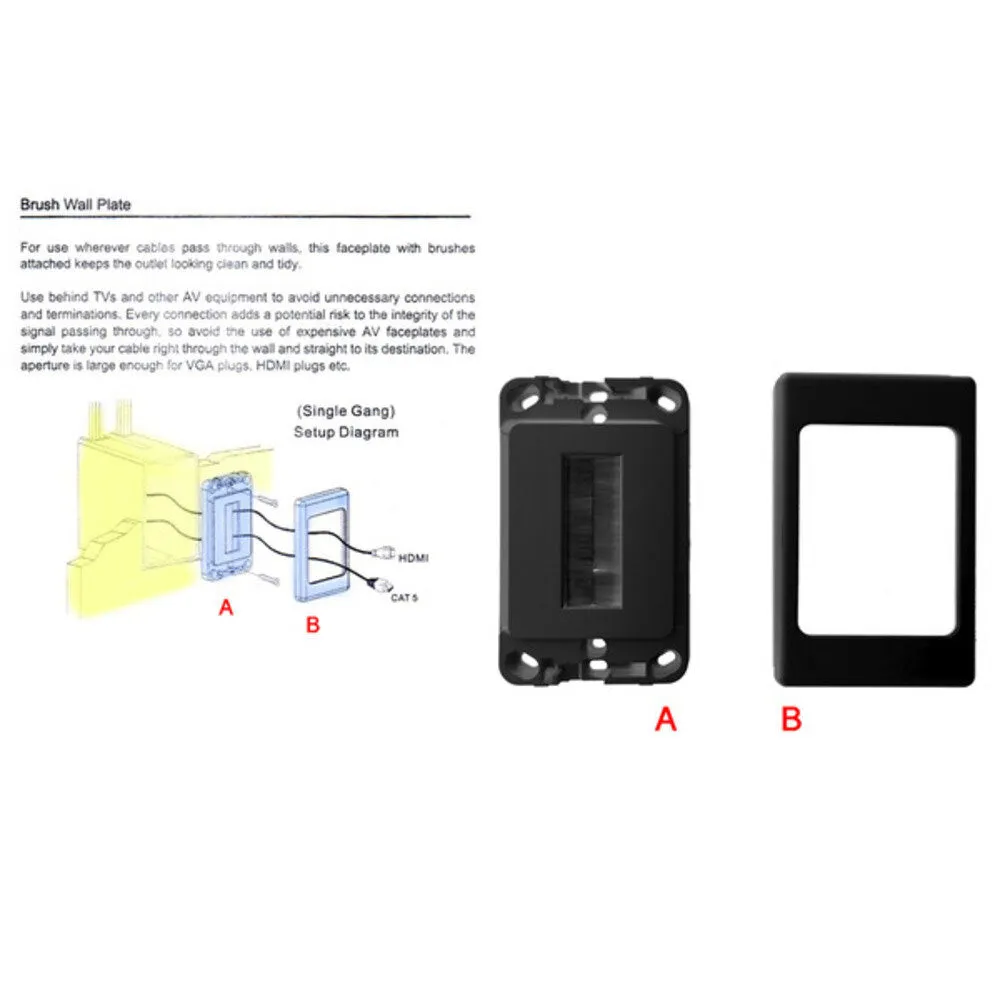 PRO2 Wall Plate Wallplate with Brush Outlet Cover For Cable Lead (Black)